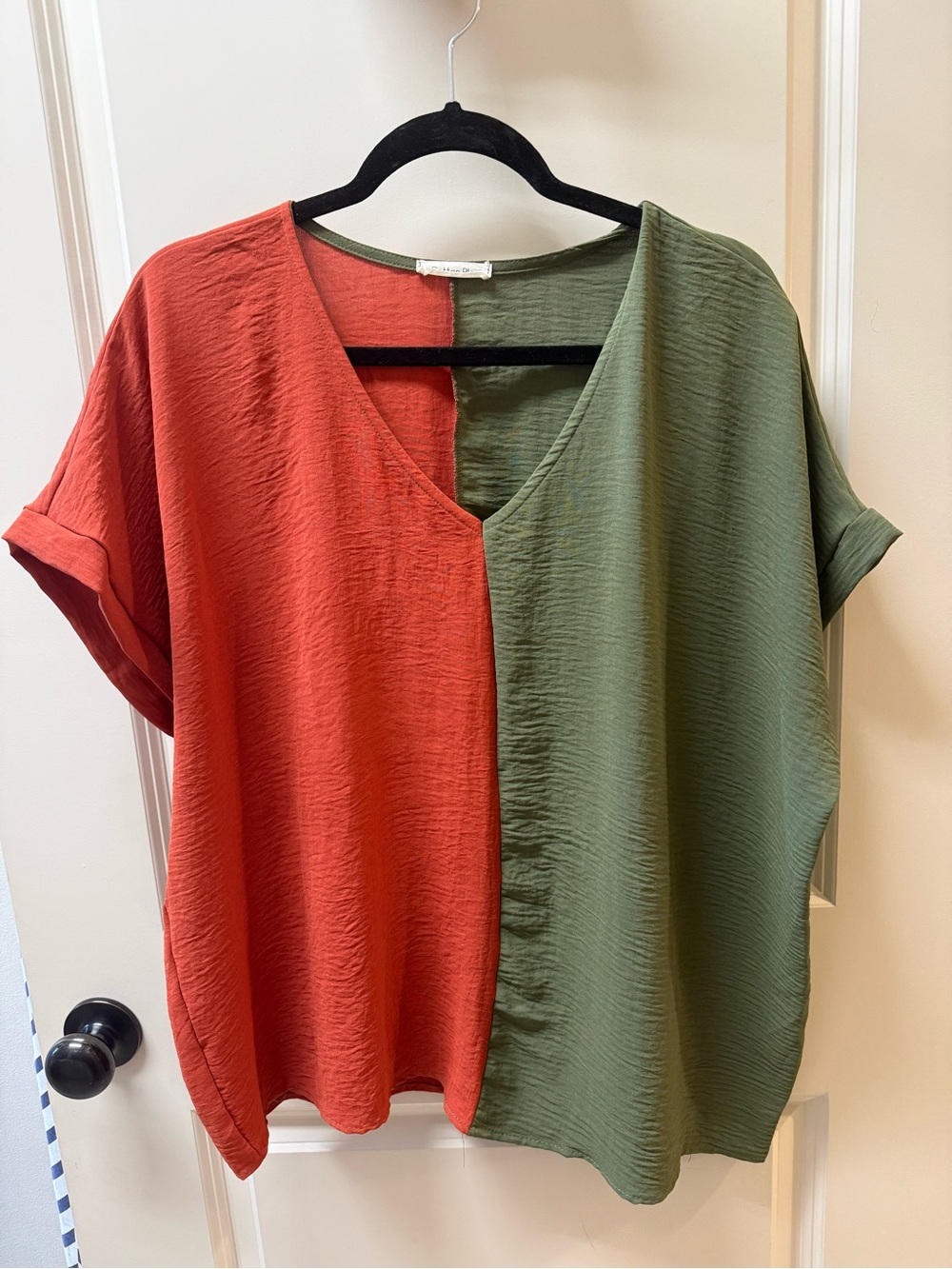 Entro family brand- V-Neck Short Sleeve Blouse in Rust & Olive